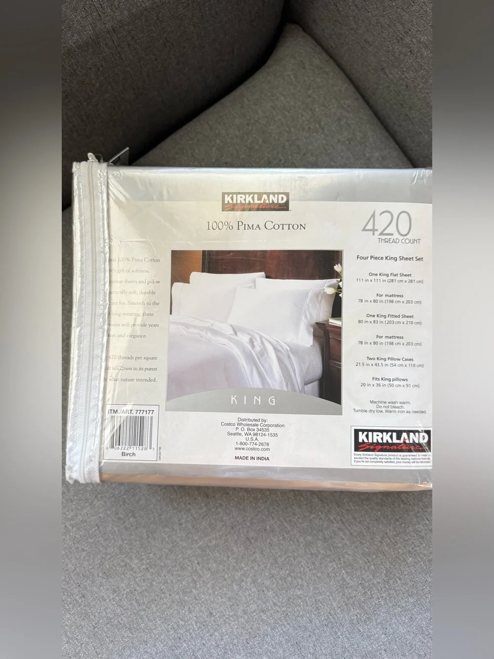 Kirkland Signature King Sheet Set 100% Pima Cotton 420 TC Sateen Birch NEW